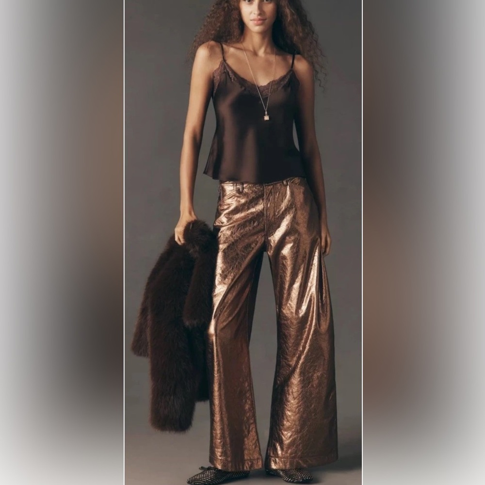 Anthropologie Pilcro Gilded Faux Leather Metallic Bronze Wide-Leg Pants 29 Tall